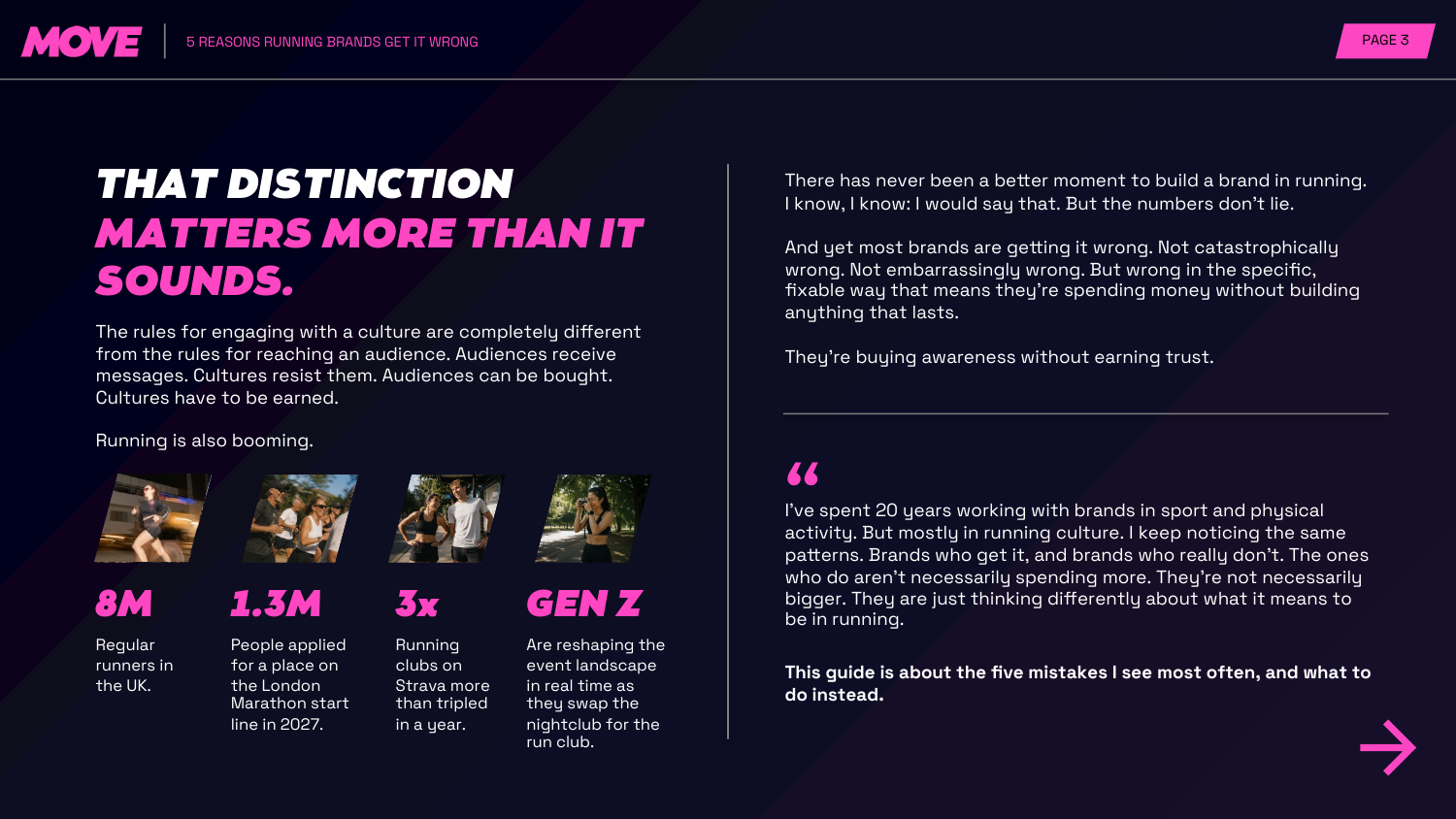 A preview page from the MOVE guide, showing UK running participation statistics and an introduction to the five mistakes brands make